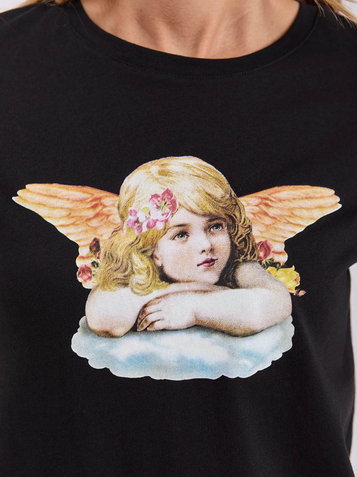 RUE PARIS Czarny t-shirt damski z printem - zdjęcie 6