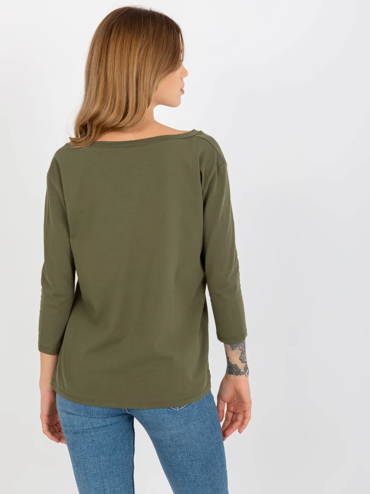 Khaki bawełniana bluzka basic z dekoltem w serek - zdjęcie 3