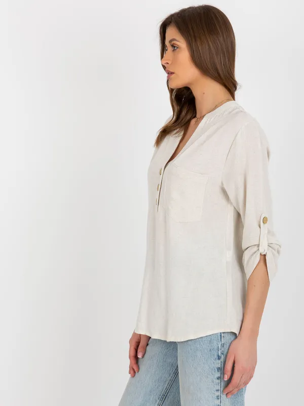 Jasnobeżowa bluzka koszulowa z kieszenią RUE PARIS