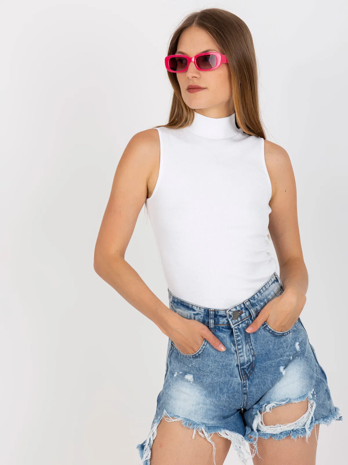 Biały top basic w prążki bez rękawów RUE PARIS - zdjęcie 4