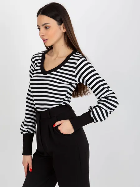 Czarno-biała prążkowana bluzka z dekoltem V BASIC FEEL GOOD