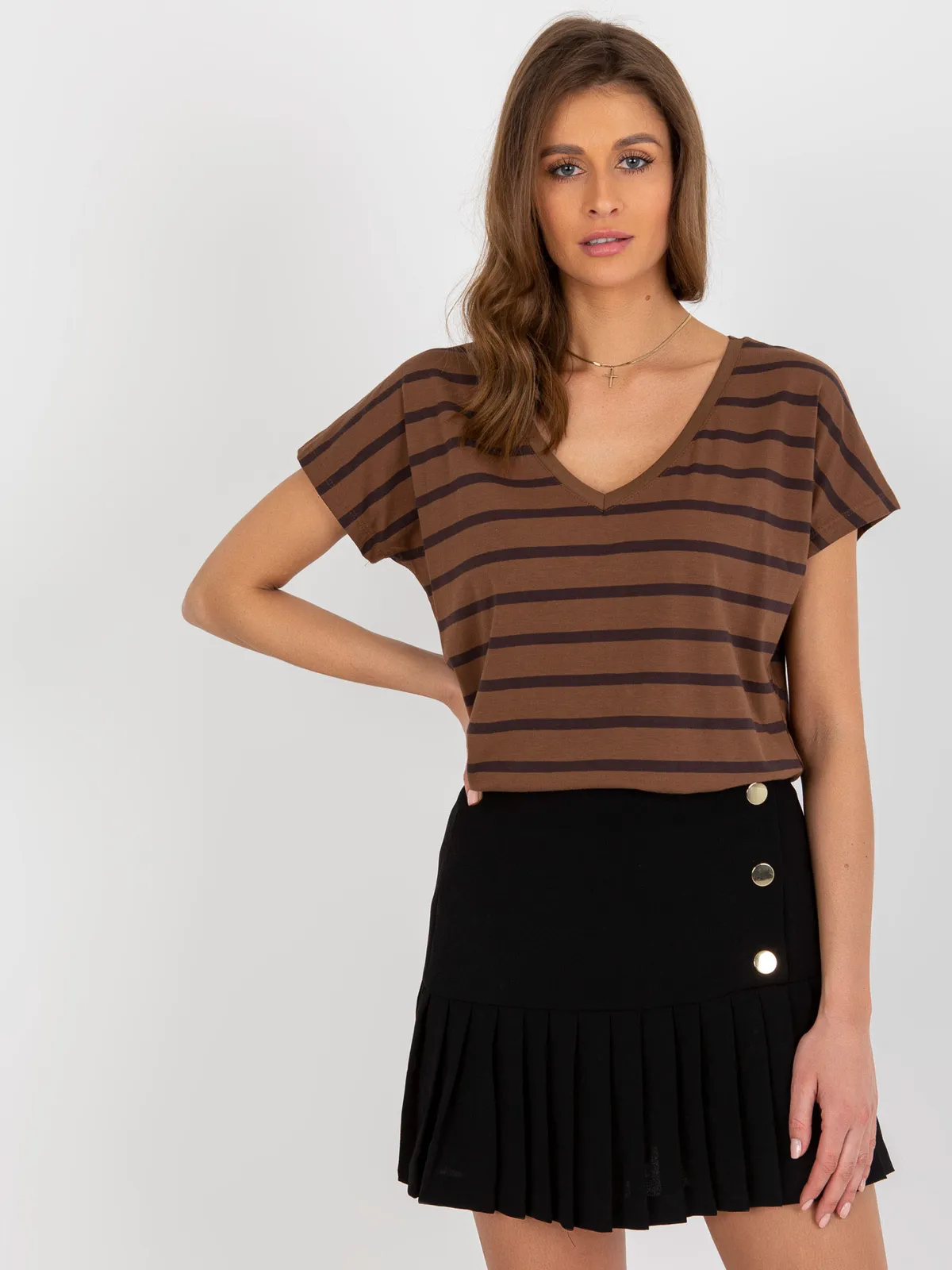Brązowy bawełniany t-shirt w paski BASIC FEEL GOOD - zdjęcie 3