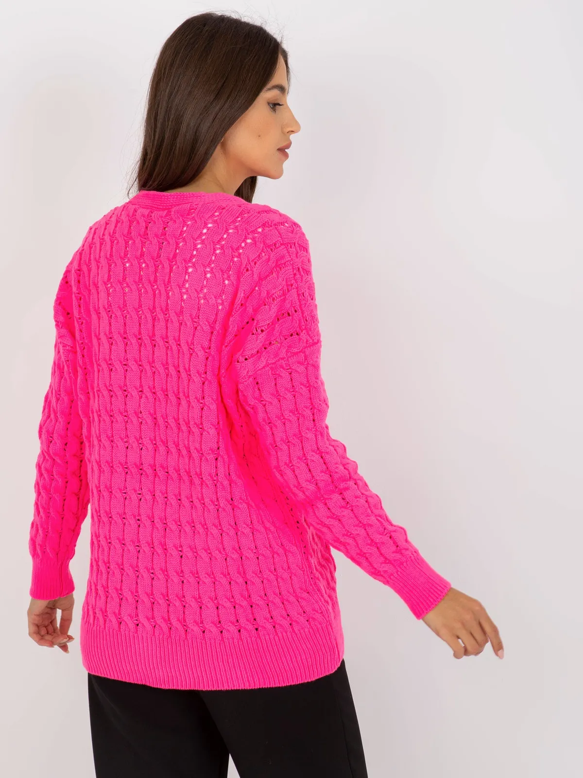 Fluo różowy ażurowy sweter rozpinany z guzikami RUE PARIS - zdjęcie 4
