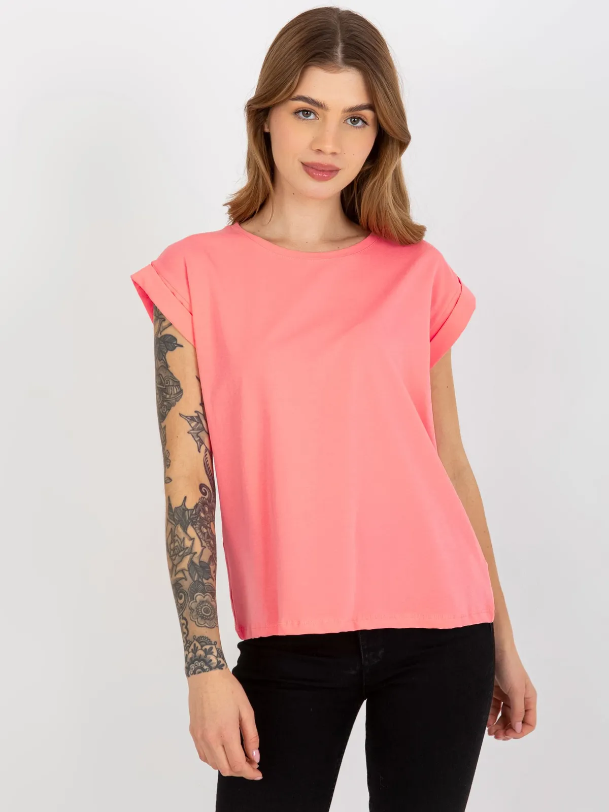Brzoskwiniowy gładki t-shirt basic z bawełny Revolution - zdjęcie 4