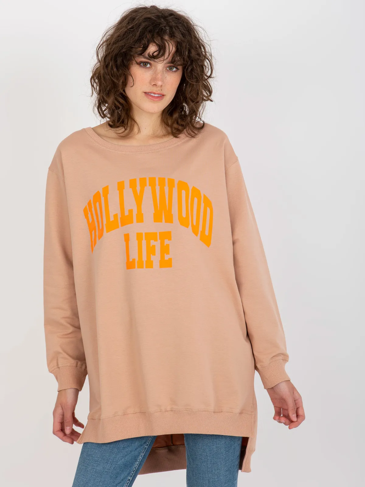 Ciemnobrązowo-pamarańczowa długa bluza oversize z napisem - zdjęcie 1