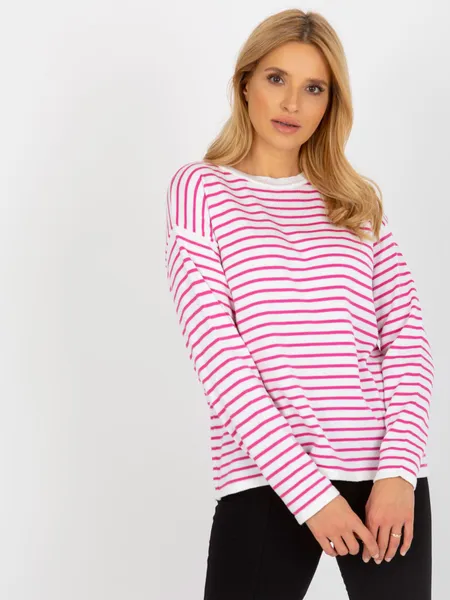 Biało-różowy sweter klasyczny w paski z wełną RUE PARIS
