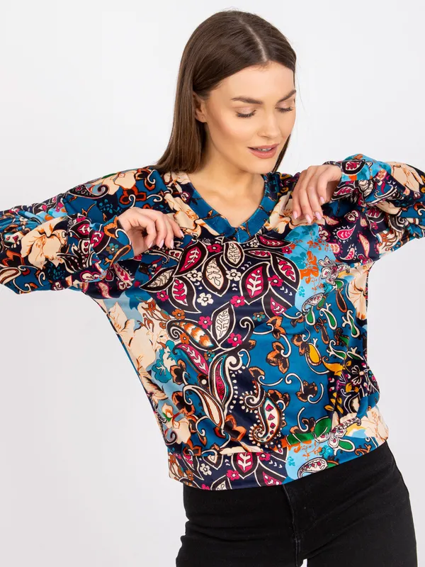 Wzorzysta bluzka oversize z dekoltem w serek - widok 2