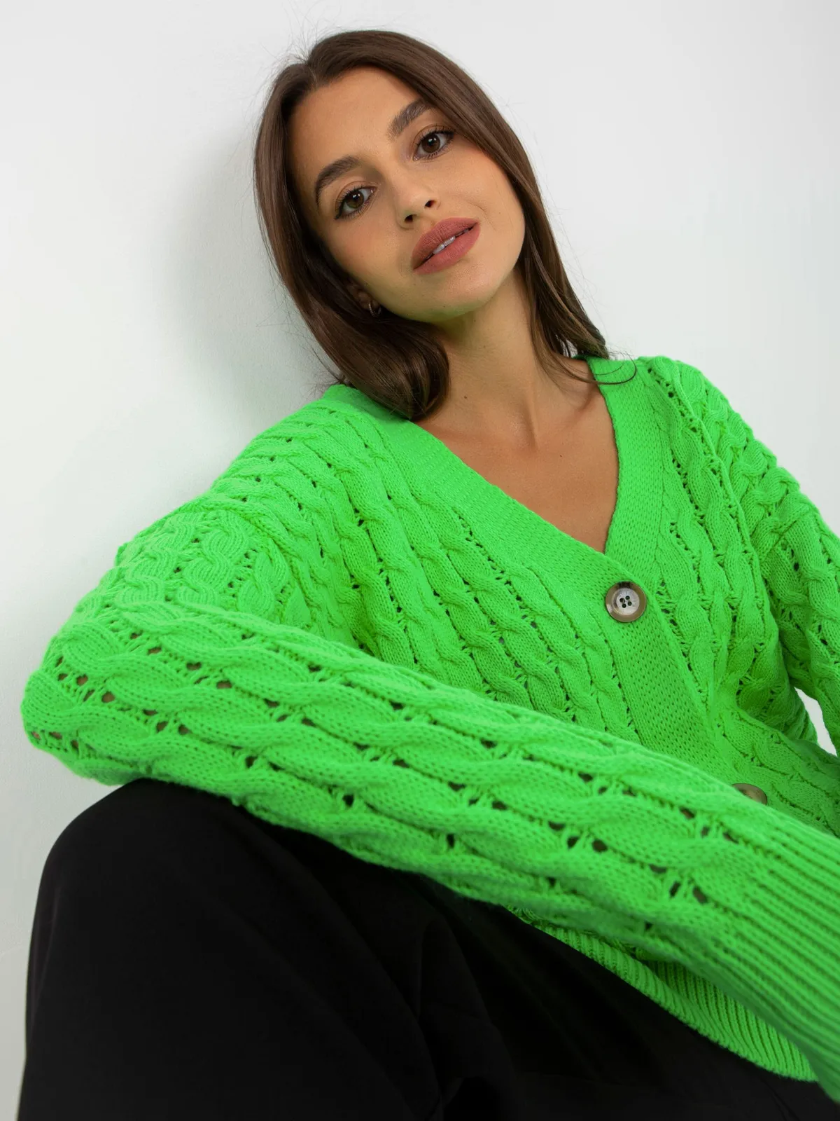 Fluo różowy ażurowy sweter rozpinany z guzikami RUE PARIS - zdjęcie 3