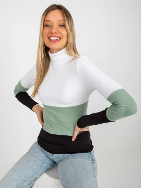 Ecru-pistacjowa damska prążkowana bluzka basic z golfem