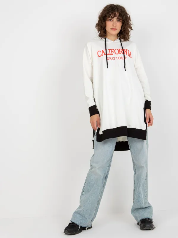 Ecru długa bluza oversize z napisem i kapturem