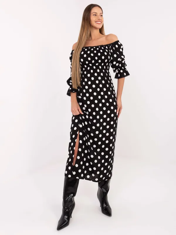 Sukienka midi w grochy z hiszpańskim dekoltem - widok 2