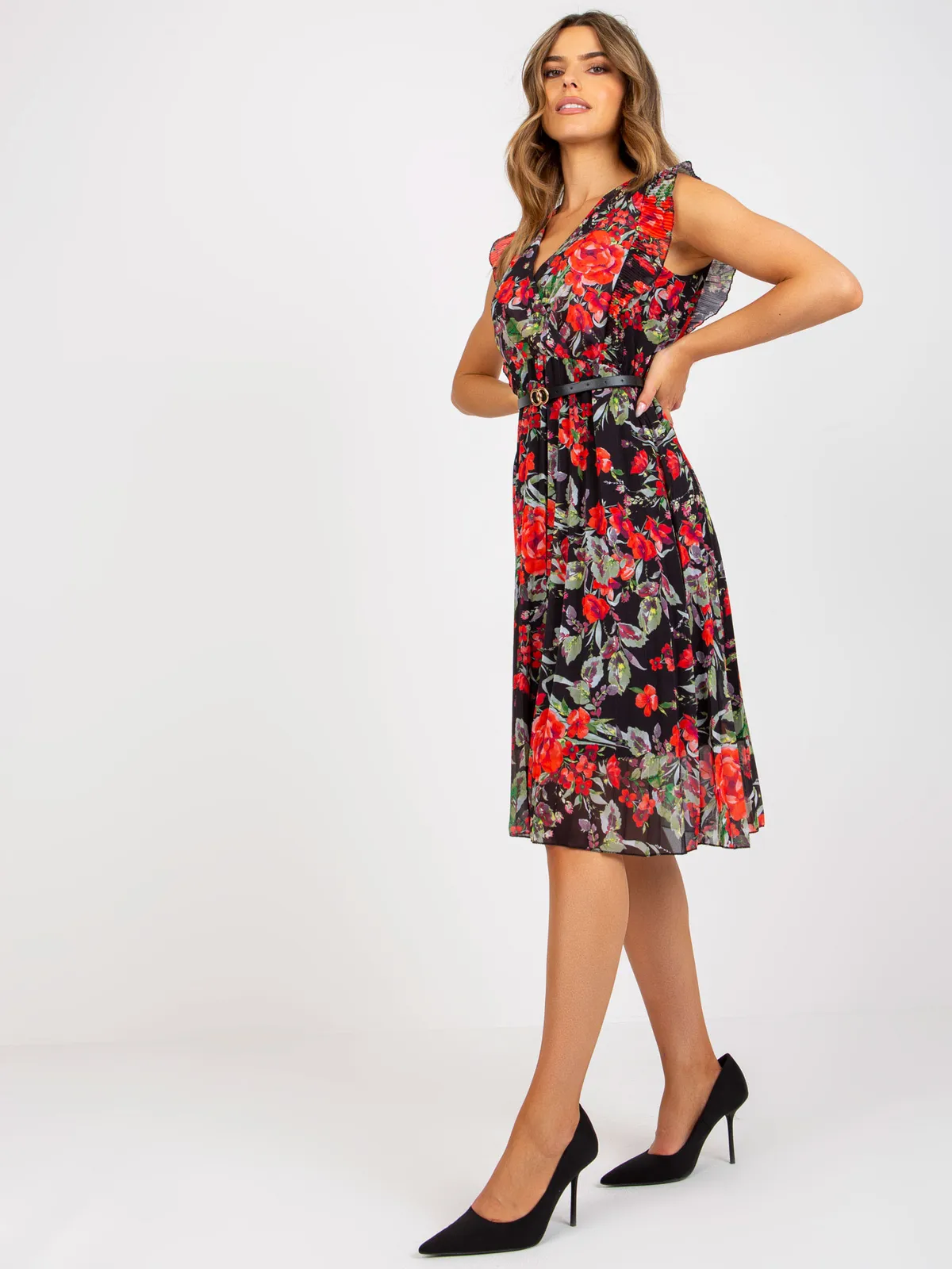 Rozkloszowana sukienka midi z plisowanymi falbankami - zdjęcie 1