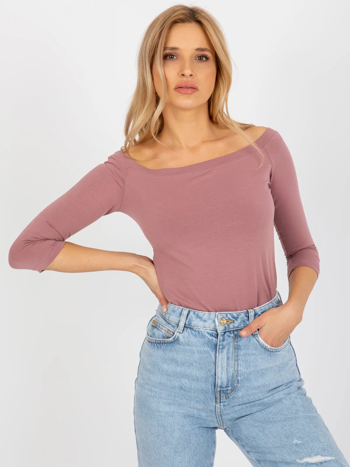 Brudnoróżowa bawełniana bluzka hiszpanka BASIC FEEL GOOD - zdjęcie 2