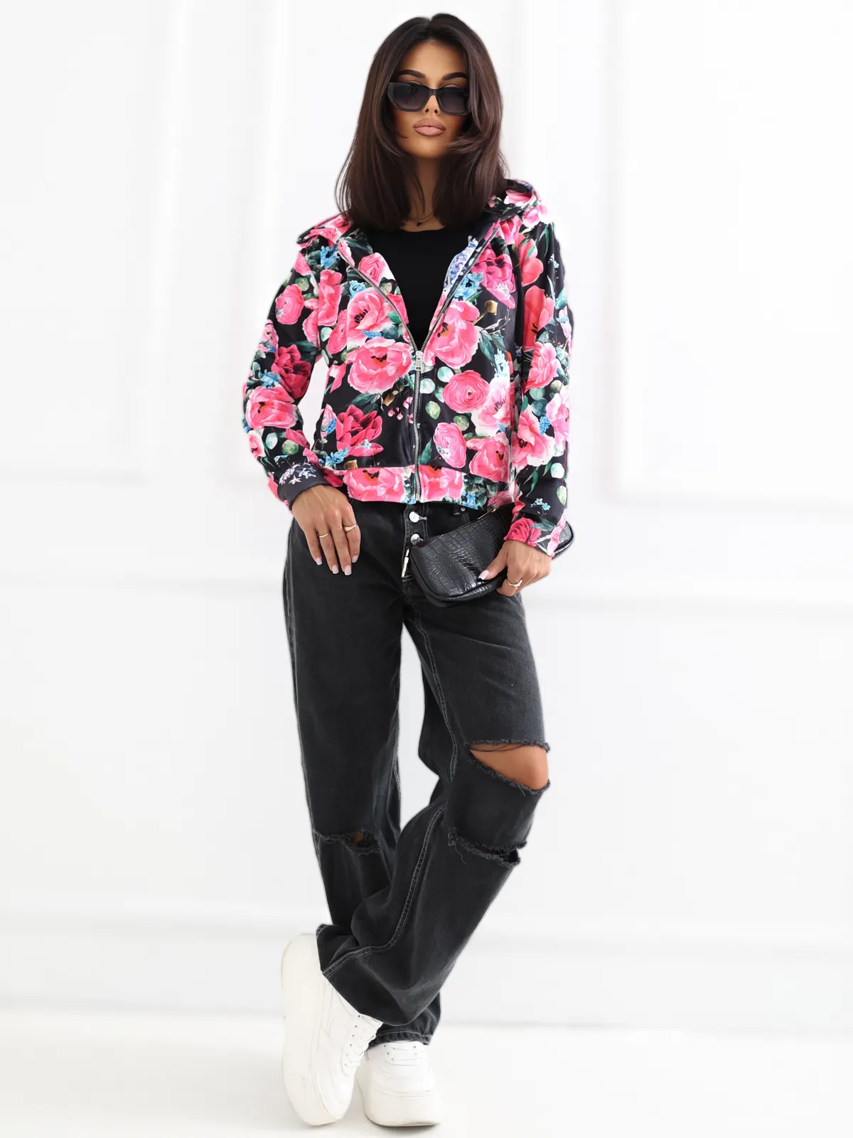 Czarno-różowa rozpinana bluza w kwiaty RUE PARIS - zdjęcie 4