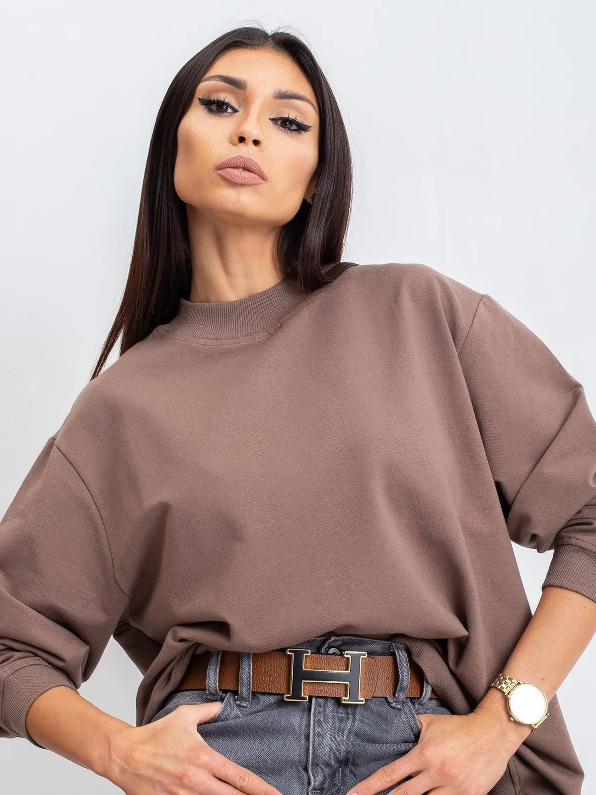 Kawowa bawełniana bluza basic - zdjęcie 4