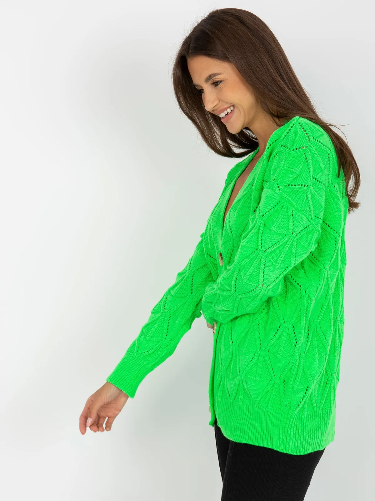 Fluo zielony sweter rozpinany w ażurowy wzór RUE PARIS - zdjęcie 6