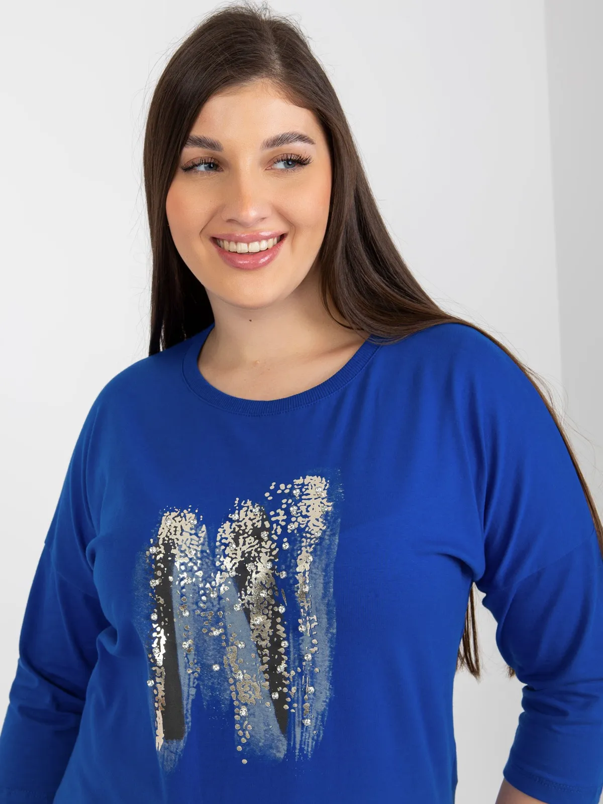 Ciemnoniebieska bluzka plus size z rękawem 3/4 - zdjęcie 2