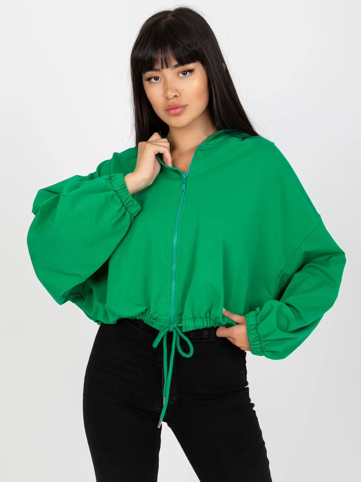 Szara melanżowa krotka bluza basic ze ściągaczem RUE PARIS - zdjęcie 5