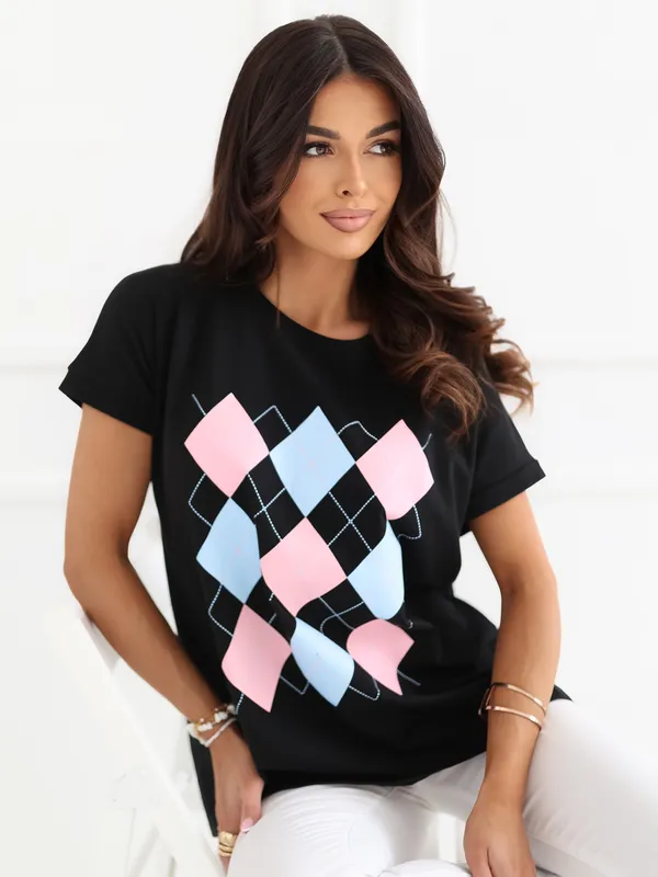 T-shirt oversize z geometrycznym wzorem rombów