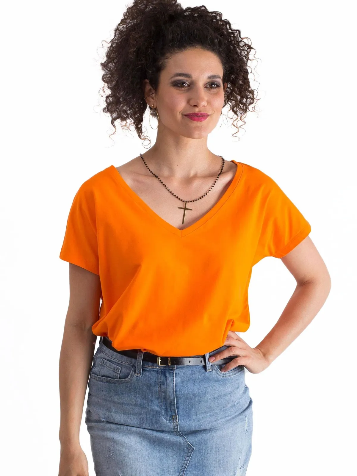 Bawełniany t-shirt V-neck fluo pomarańczowy - zdjęcie 7