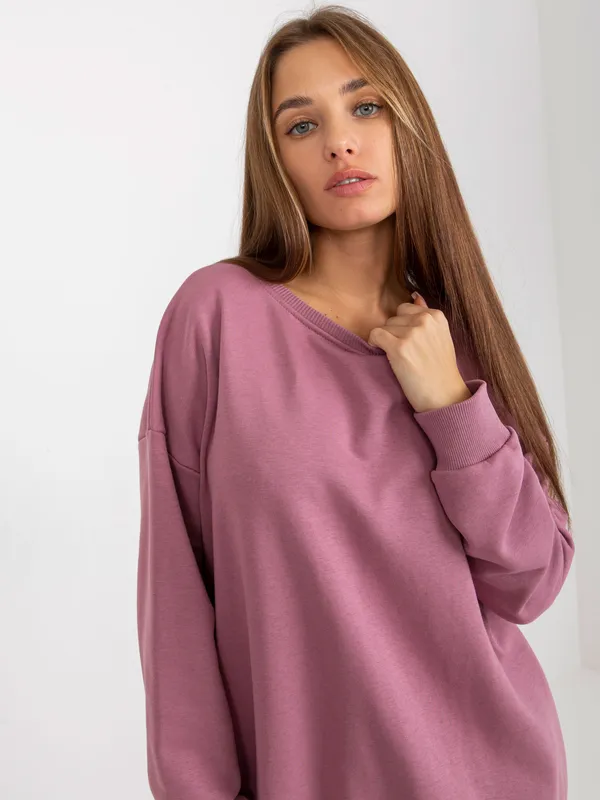 Brudnoróżowa długa bluza basic z okrągłym dekoltem - widok 2