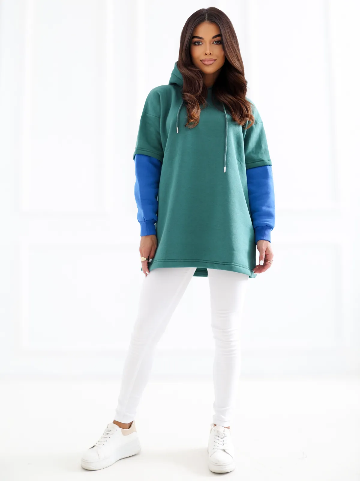 Ciemnozielona bluza damska basic z kapturem bawełniana RUE PARIS - zdjęcie 4