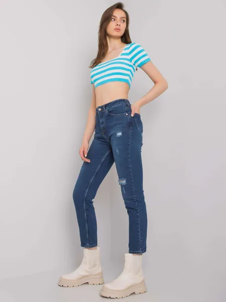 Ciemnoniebieskie jeansy z przetarciami