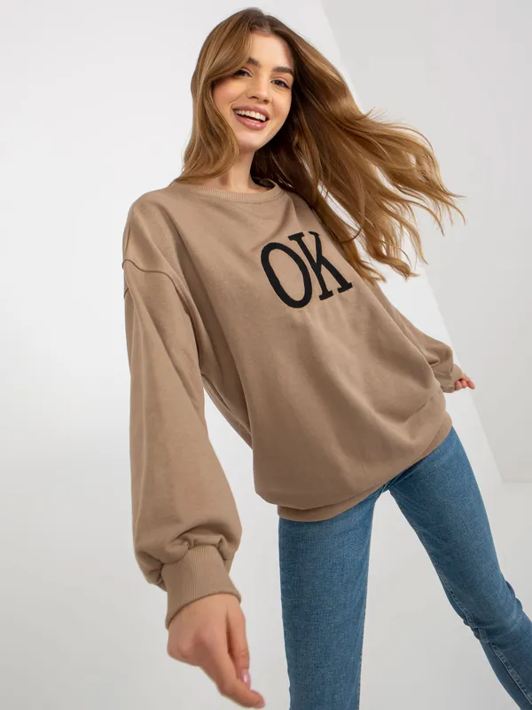 Szara luźna bluza oversize bez kaptura z haftem