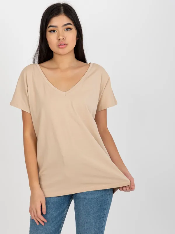 Beżowy damski t-shirt basic z dekoltem V Emory - widok 2