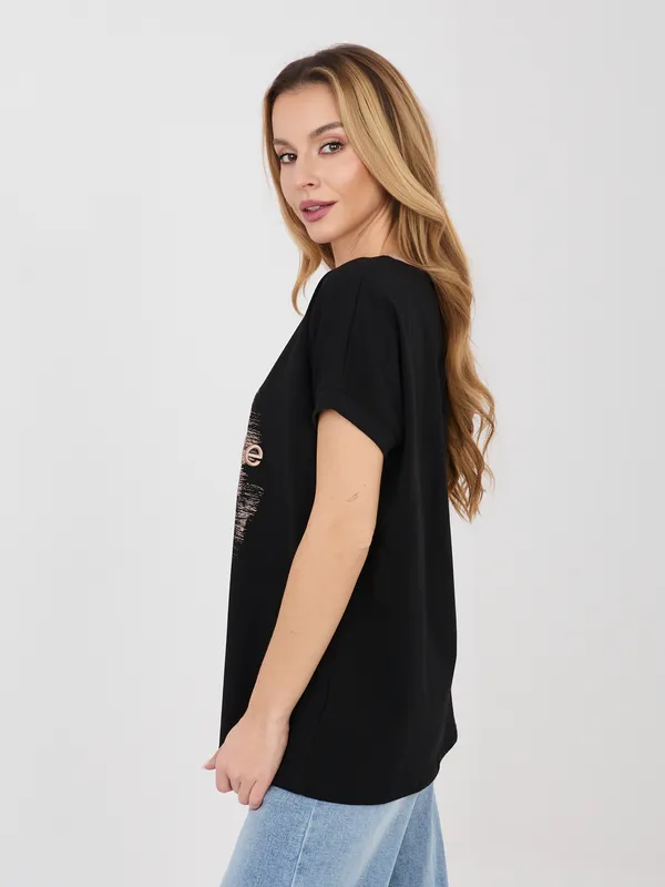 T-shirt casualowy z nadrukiem i cyrkoniami