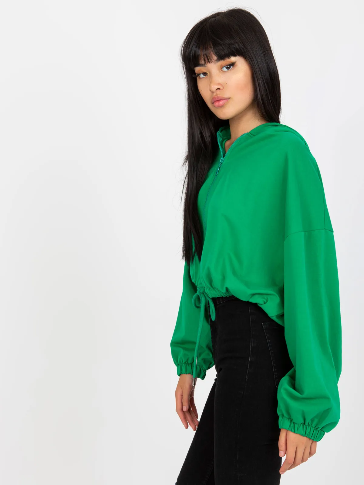Szara melanżowa krotka bluza basic ze ściągaczem RUE PARIS - zdjęcie 6