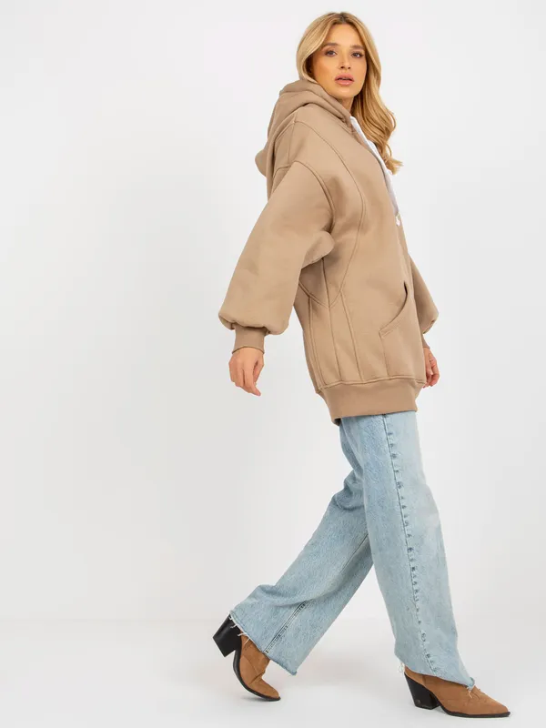 Ciemnobrązowa dresowa długa bluza basic oversize z kapturem