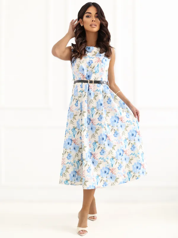 Rozkloszowana sukienka midi z paskiem w talii - widok 2