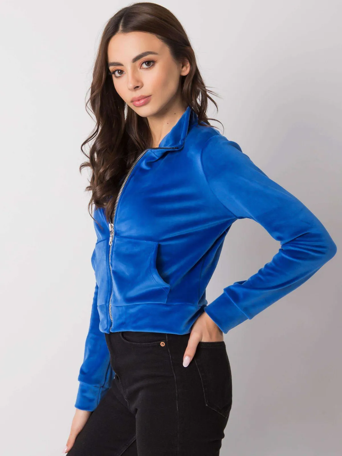 RUE PARIS Ciemnoniebieska bluza z weluru na suwak - zdjęcie 2
