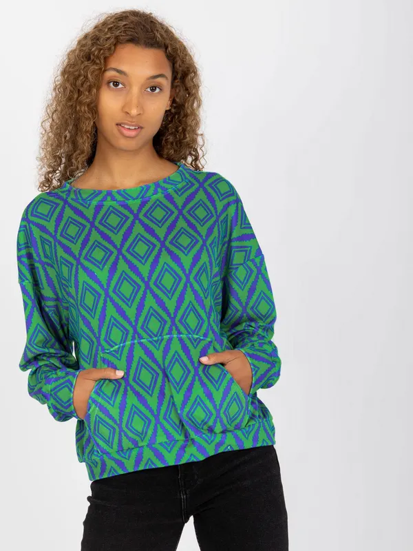 Zielono-niebieska welurowa bluza z nadrukiem RUE PARIS