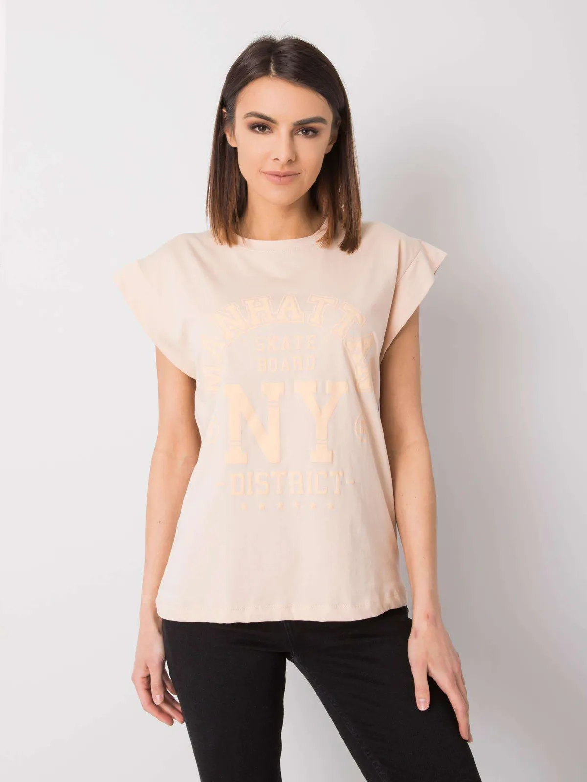 RUE PARIS Brzoskwiniowy t-shirt z printem - zdjęcie 5