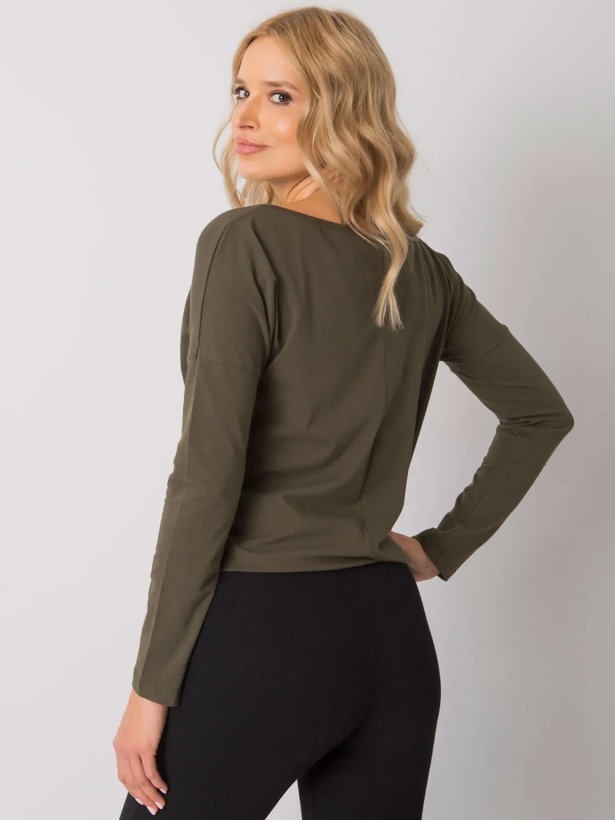 Khaki bluzka basic z długim rękawem - zdjęcie 2