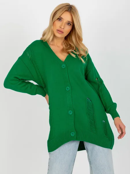 Zielony sweter rozpinany oversize z dziurami RUE PARIS