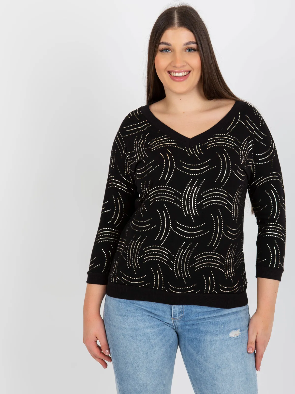 Czarna bluzka plus size z nadrukiem i rękawem 3/4 - zdjęcie 3