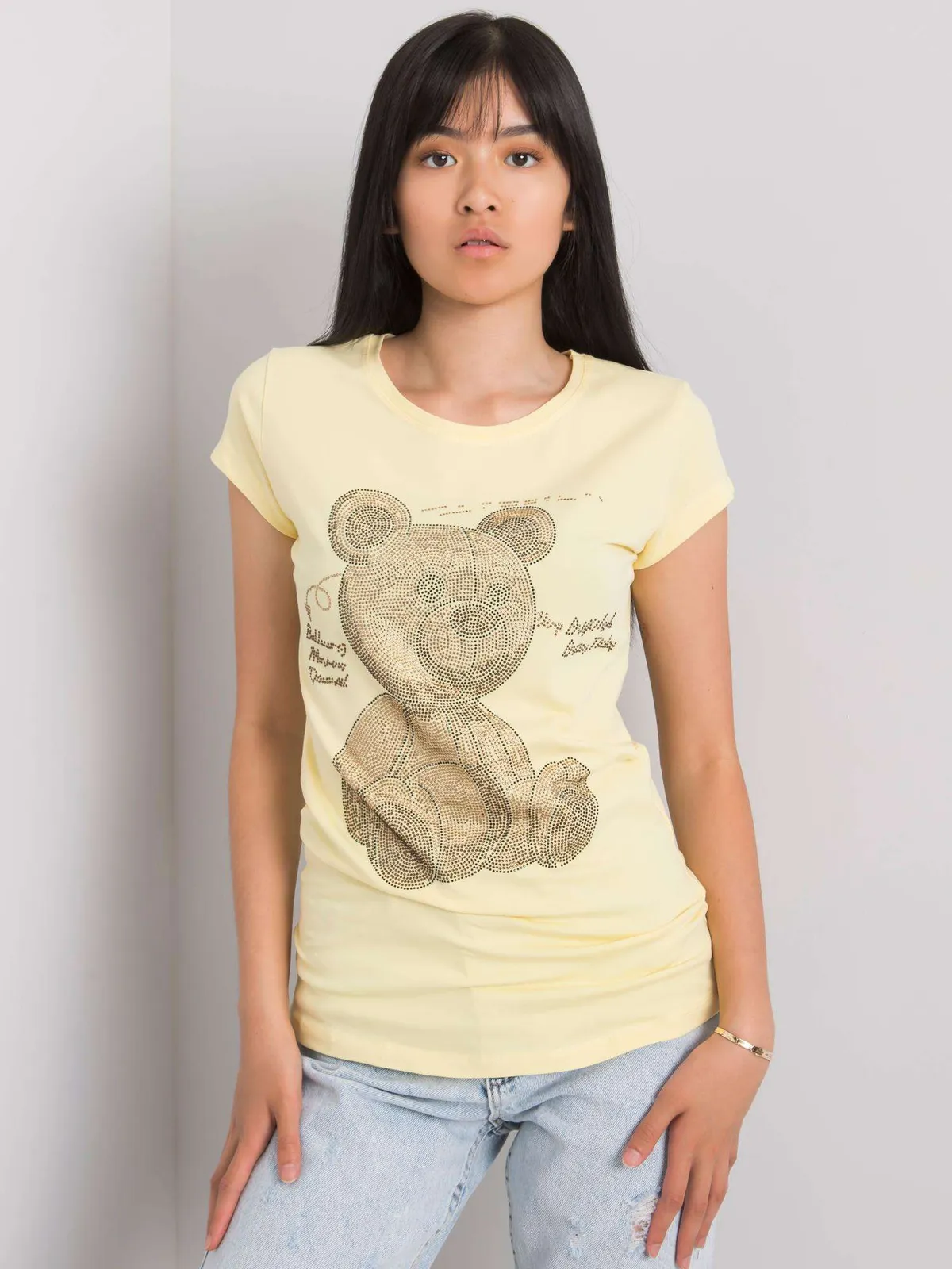 Ecru t-shirt damski z dżetami - zdjęcie 2