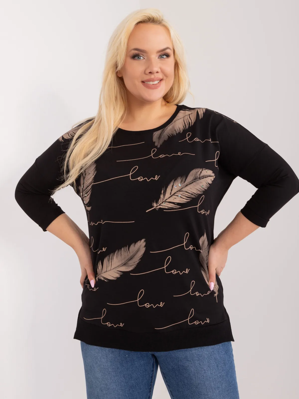 Codzienna bluzka oversize z ozdobnym nadrukiem piór - zdjęcie 1