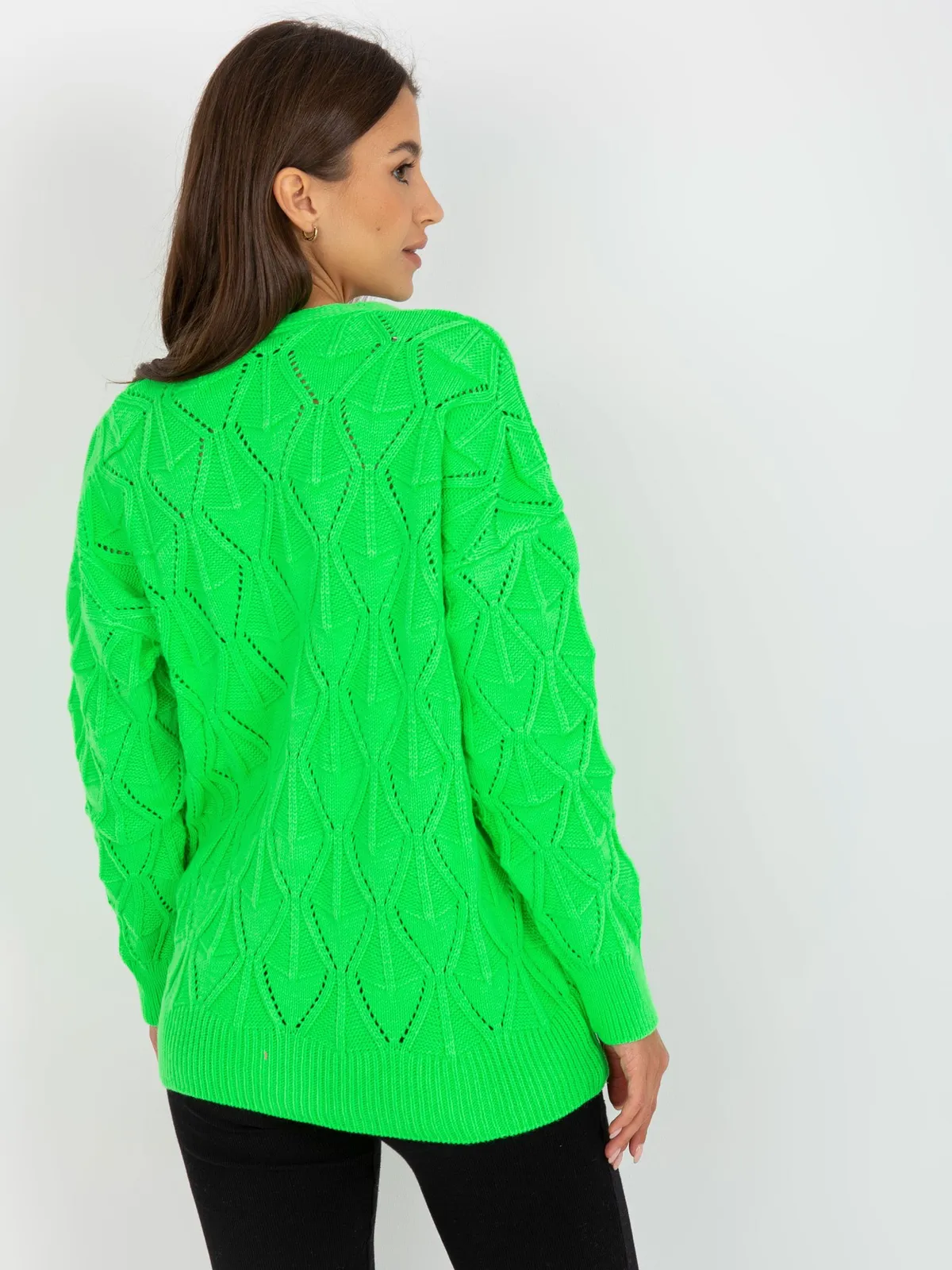 Fluo zielony sweter rozpinany w ażurowy wzór RUE PARIS - zdjęcie 4