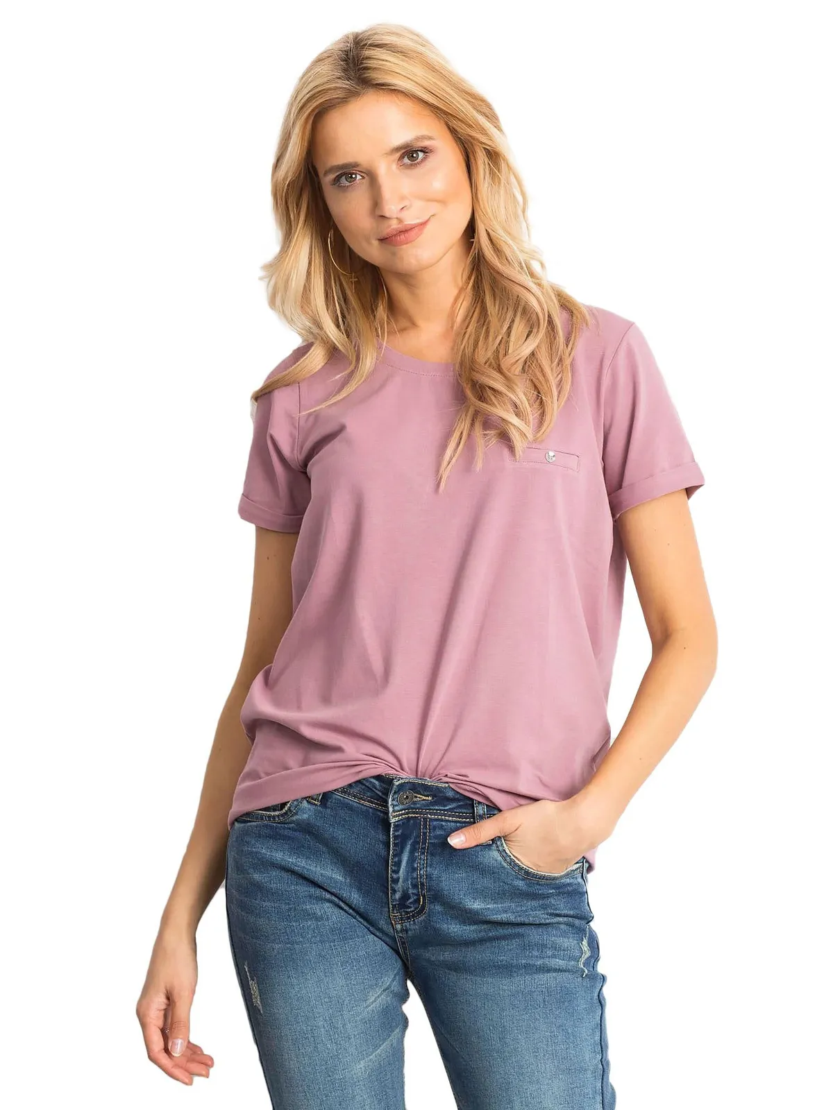 Bawełniany t-shirt damski basic brudnoróżowy - zdjęcie 5