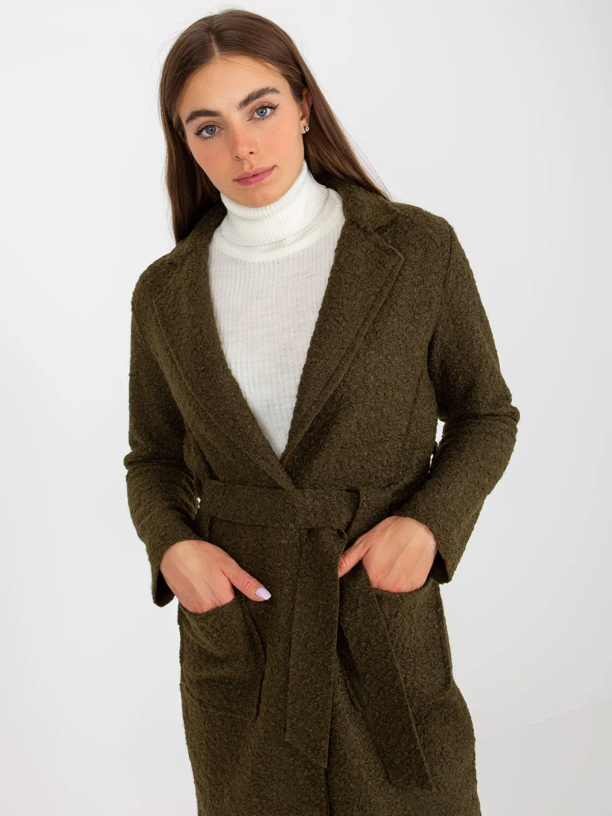 Khaki pluszowy maxi płaszcz z wiązaniem Merve OCH BELLA - zdjęcie 6