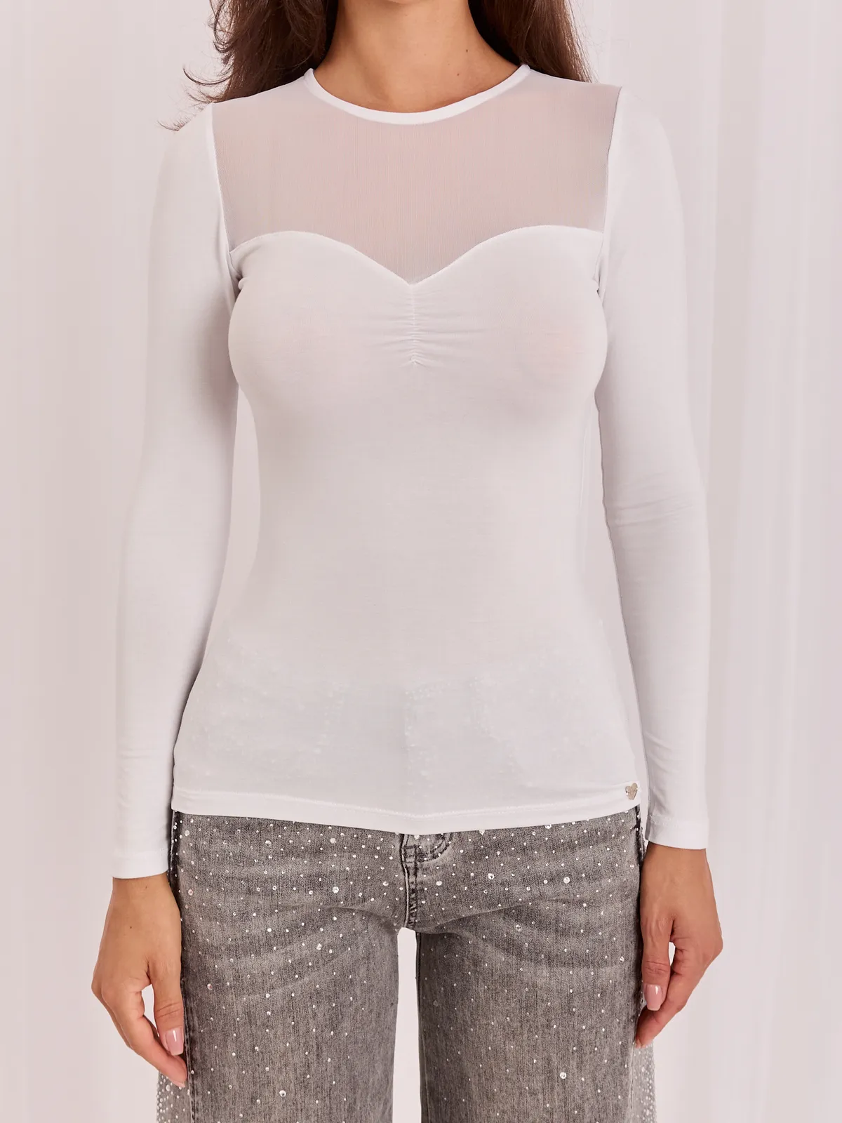 Beżowa bluzka basic z siateczką BASIC FEEL GOOD - zdjęcie 9