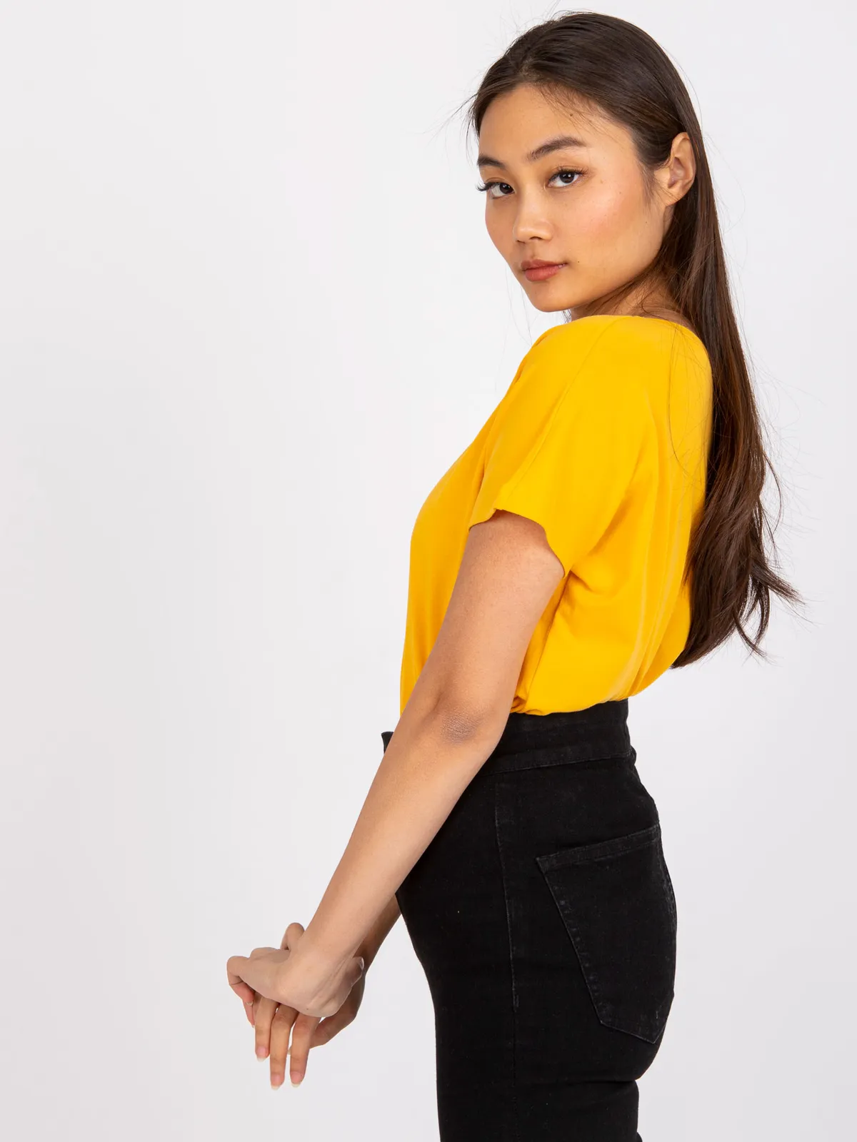 Bawełniany t-shirt V-neck jasnopomarańczowy - zdjęcie 3
