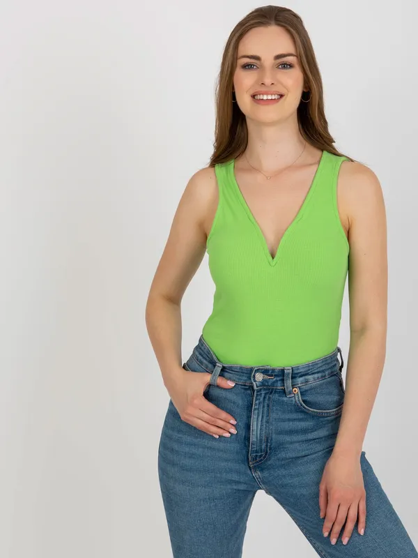 Jasnozielone bawełniane body basic w prążek - widok 2