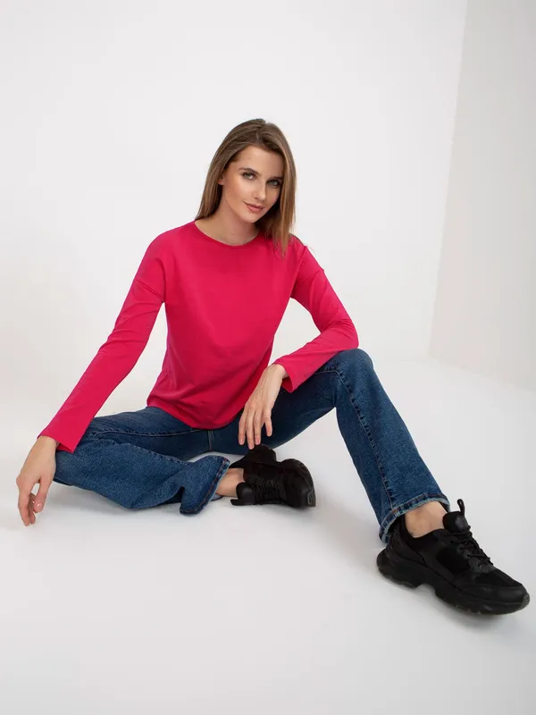 Fuksjowa bawełniana bluzka basic longsleeve - widok 2