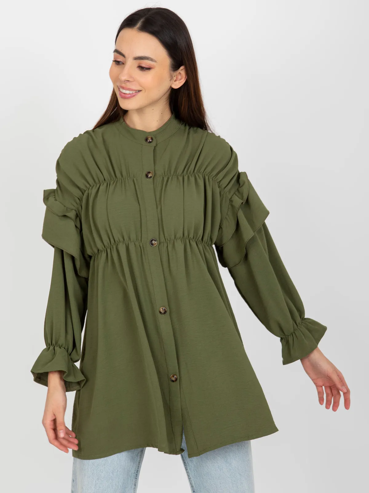 Khaki boho koszula z marzeniem i falbanami OCH BELLA - zdjęcie 2