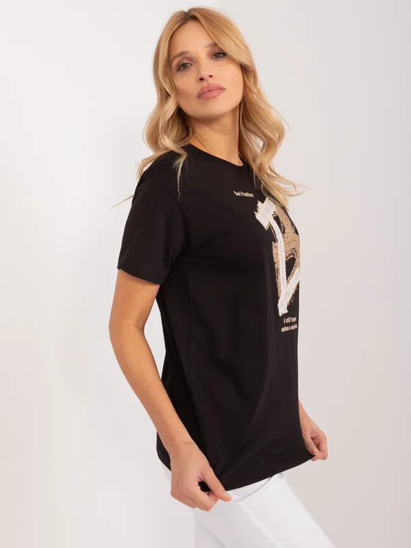 Casualowy T-shirt z ozdobnym nadrukiem i cyrkoniami - widok 2